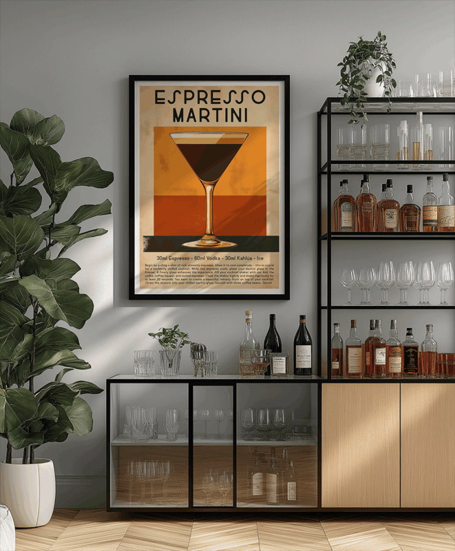 Espresso Martini Poster Hanging In a Home Bar